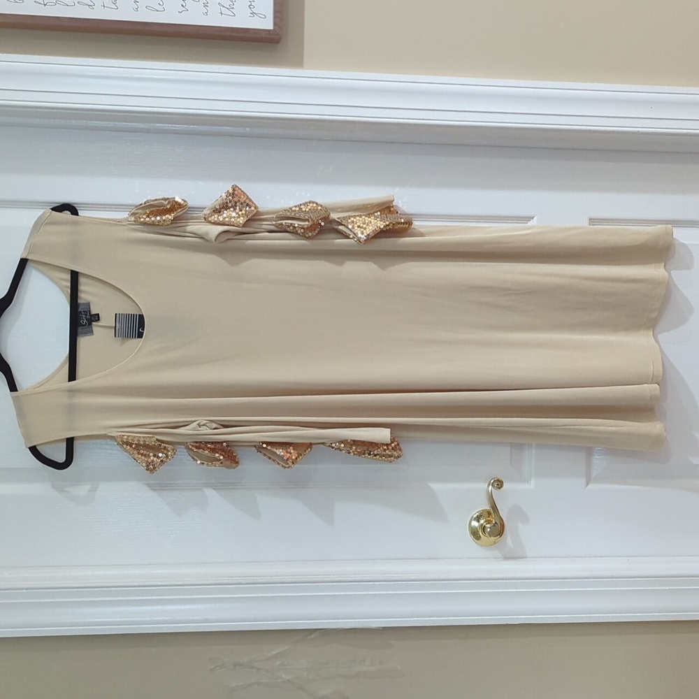 Slinky Brand Open-Shoulder Beige Dress with Gold Sequin Accents